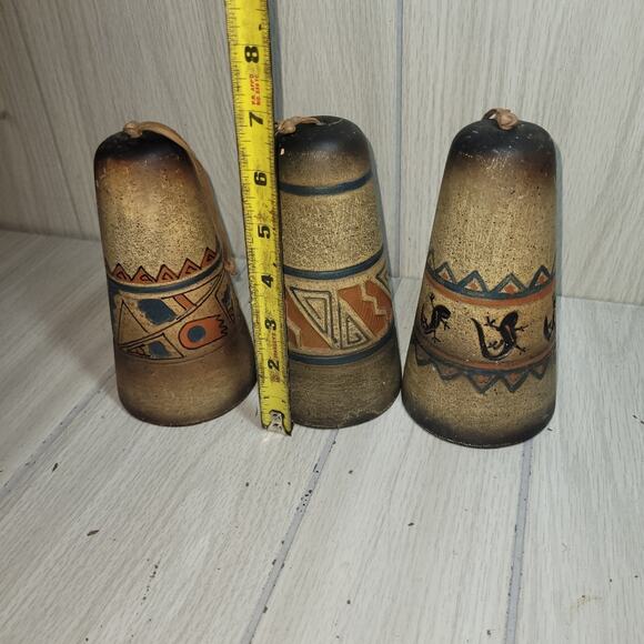 Vtg Native American Southwestern Tribal Patterned Pottery Bells Kokopelli Set 3 - Picture 2 of 5